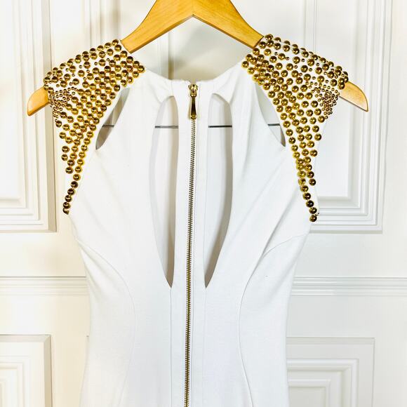 BEBE Addiction White Bodycon Mini with Gold Studded Shoulders XS - Picture 5 of 11